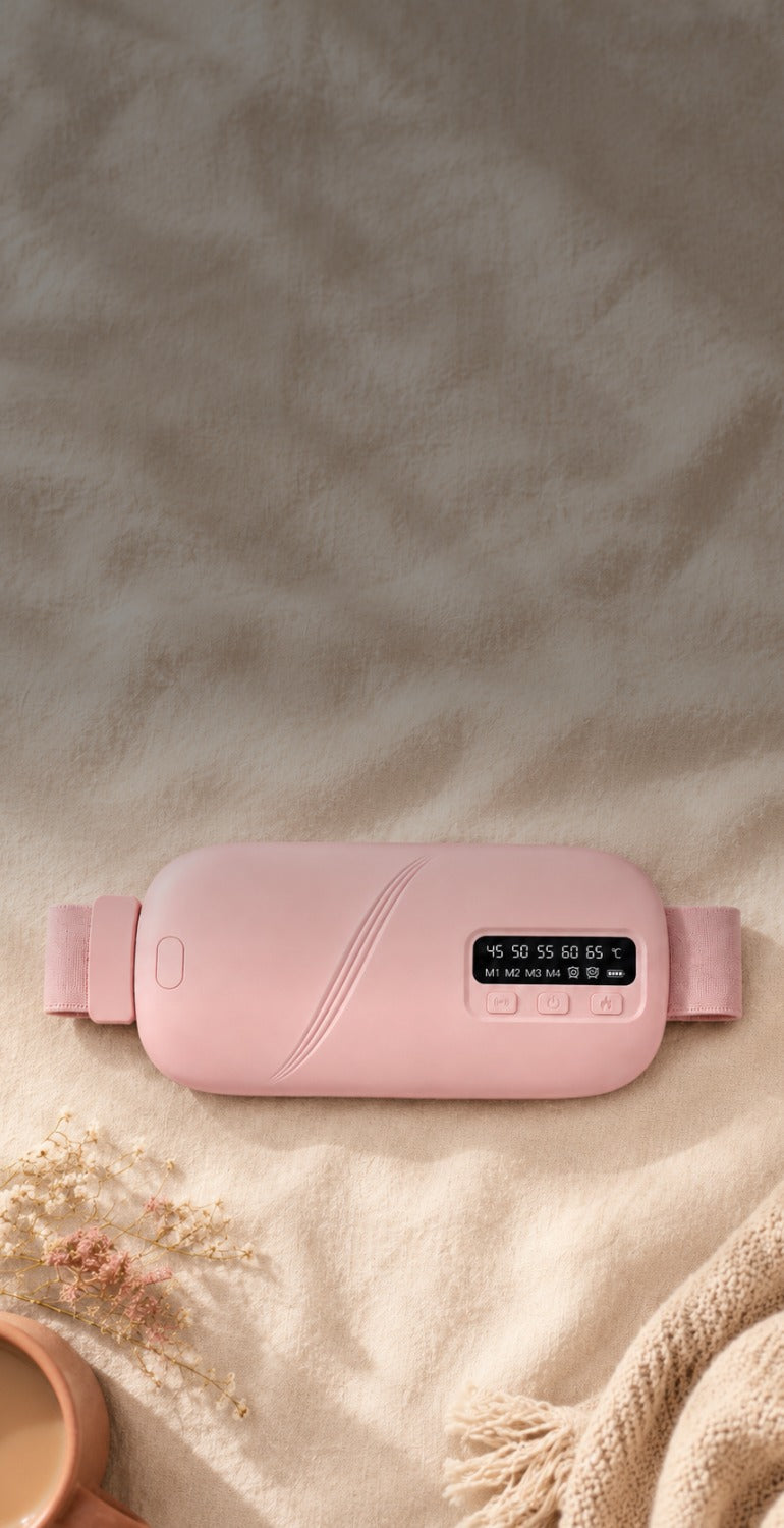 Ceinture chauffante Calymea rose posée sur un drap de lin crème