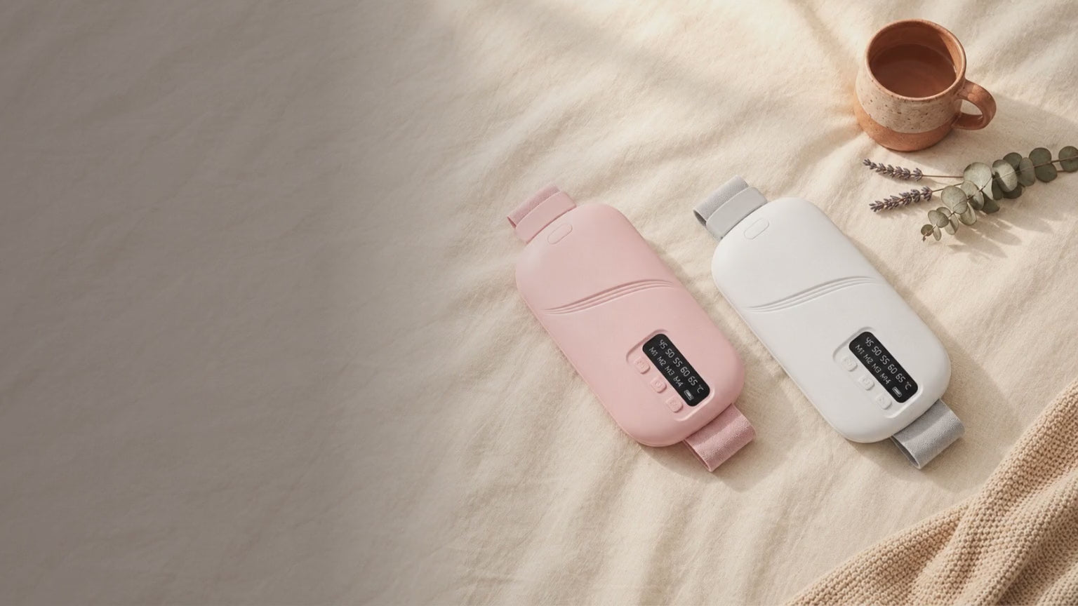 Les deux ceintures chauffantes Calymea posees sur du lin creme, travelling lent